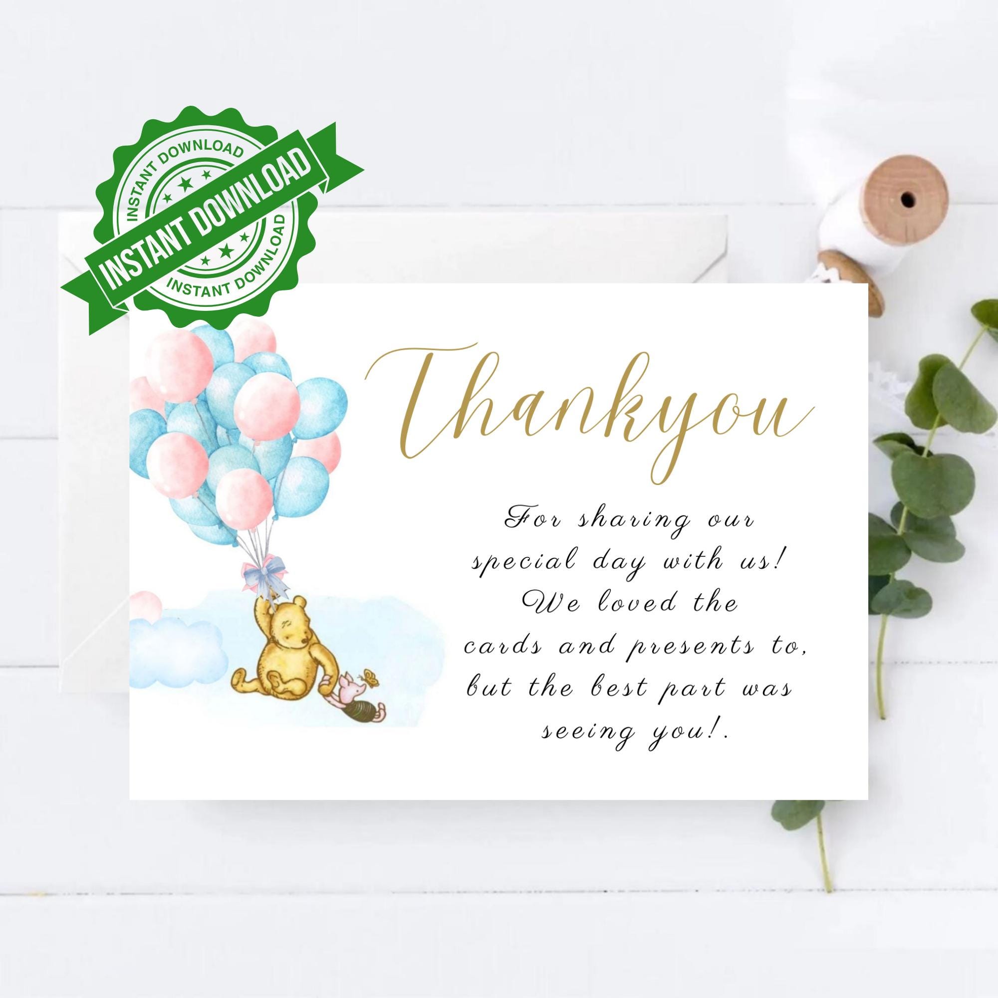 Winnie the Pooh Thank You Card, Gender Reveal Pooh Bear Printable