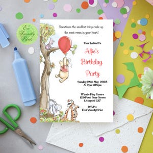 Winnie the Pooh First Birthday Invitation Red Balloon Classic Winnie Pooh 1st Birthday Invitation Editable Printable Canva Template PRB
