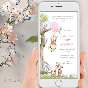 Winnie Puuh-Babyparty Evite Classic Vintage Einladungs-Pooh-Bär-Dusche Evite Elektronisch Virtuelles Einladungsmädchen Rosa Digitale Vorlage PPB