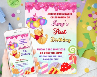 Winnie The Pooh Einladungsvorlage zum 1. Geburtstag: Bearbeitbare Partyeinladung (Digitaler Download) DP