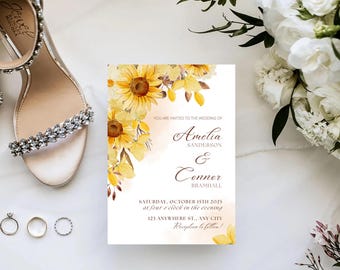 Plantilla de invitación de boda con girasoles: Diseño rústico otoñal (imprimible)