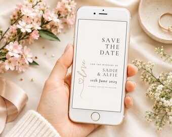 Modern Hearts Save The Date Template | Electronic Wedding Evite | Minimalist Phone Invitation | Instant Download
