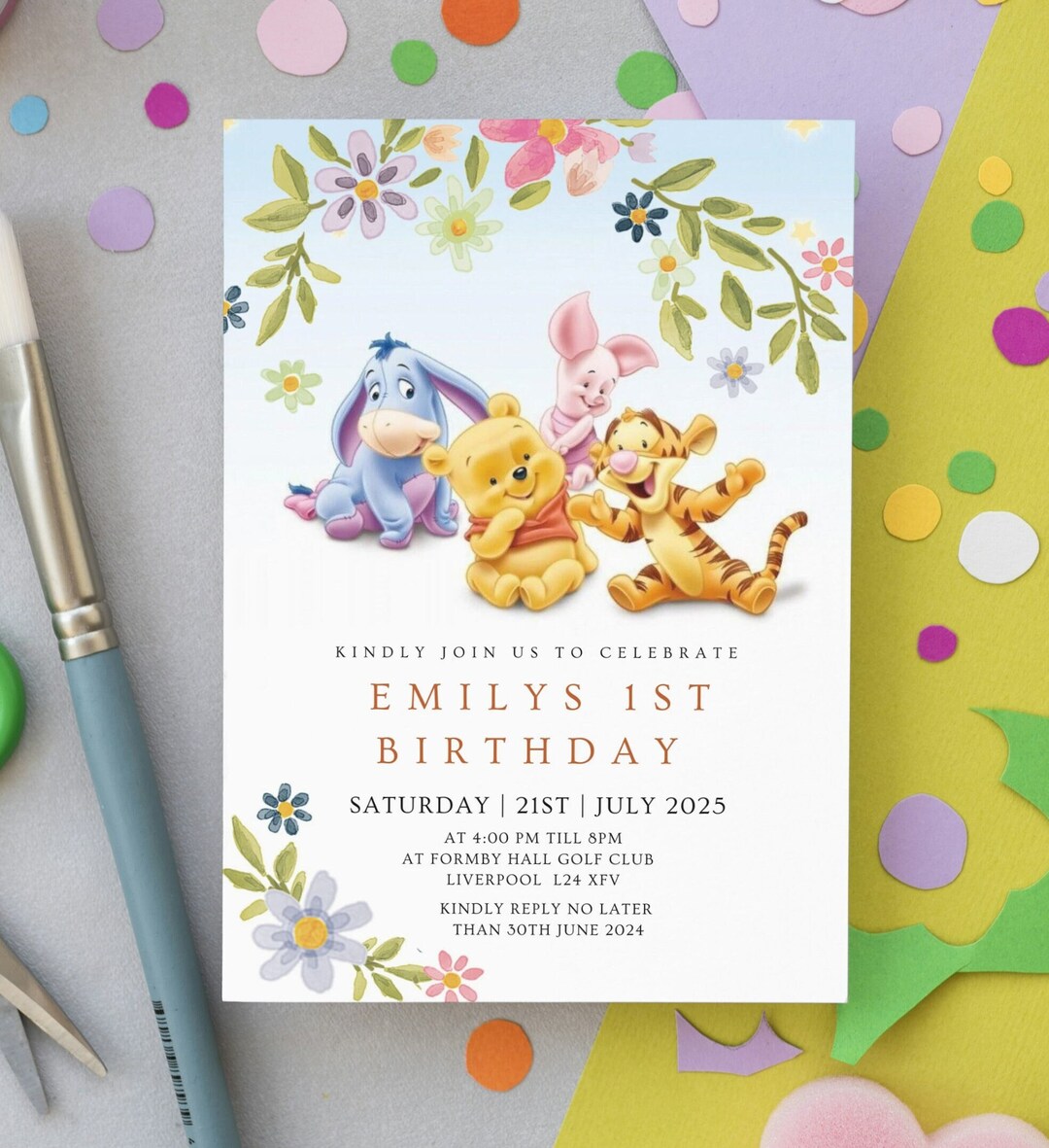 Winnie the Pooh 1st Birthday Invitation Editable Template (digital