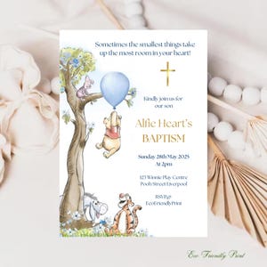 Invito al battesimo classico di Winnie the Pooh, invito con palloncino blu per bambini, modello modificabile, inviti digitali o stampati, #PBB
