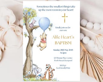 Classic Winnie the Pooh Baptism Invitation Boy Blue Balloon Invite Printable Editable Template Digital or Printed Invites, #PBB