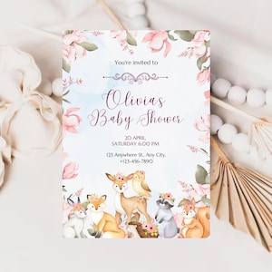 Wald-Babyparty-Einladung Waldtiere Mädchen laden Blush rosa Blumen Waldtiere Digital bearbeitbare druckbare Download