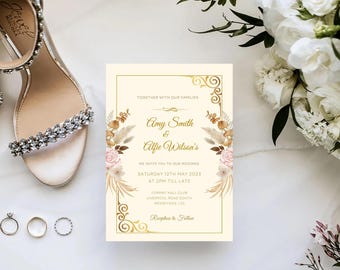 Boho Blush Pink Wedding Invitation Template, Floral Wedding Invites, Printable Elegant Dusty Rose Pampas Wedding Invitation, Download