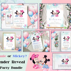 May include: A gender reveal party bundle featuring Mickey and Minnie Mouse. The bundle includes a welcome sign, a thank you card, a custom sign, and a digital invitation. The design features pink and blue balloons, flowers, and a Mickey and Minnie Mouse illustration.