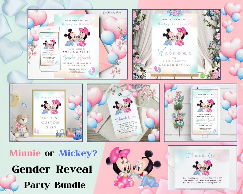 May include: A gender reveal party bundle featuring Mickey and Minnie Mouse. The bundle includes a welcome sign, a thank you card, a custom sign, and a digital invitation. The design features pink and blue balloons, flowers, and a Mickey and Minnie Mouse illustration.