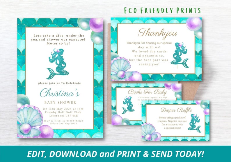 Mermaid Baby Shower Invitation Bundle Under The Sea Baby Shower Editable Invite Printable or Digital Blue Mermaid Boy Shower