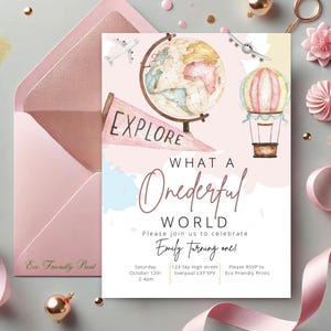 Onederful World Birthday Invitation Girl, Pink Hot Air Balloon First Birthday Invite, Digital Evite, Girl First Birthday Digital File, HAB