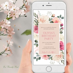 Pink Floral Electronic Birthday Invitation, Pink Floral Phone Party Evite, Instant Download, Text Message, Smartphone Invite, RB