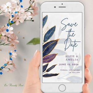 Floral save the date template printable Blue blush save the date Electronic save the date Wedding announcement Download Canva