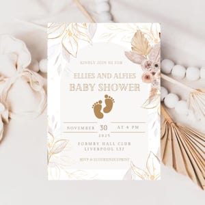 Boho Baby Shower Invitation, EDITABLE Baby Footprints Party Template, Minimalist Baby Boho Shower Invite, Gender Neutral Baby Invite, PG1