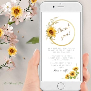 Modèle électronique de carte de remerciement tournesol en téléchargement numérique, note de remerciement tournesol pour téléphone, texte sans papier