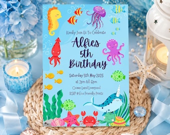 Invitación de cumpleaños con temática marina: invitación editable de animales del océano