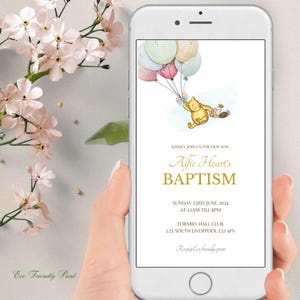 Electronic Baptism Invitation Template, Pooh Bear Baptism Evite, Digital Baptism Text Invitation, Smartphone Baptism invite, Digital Baptism