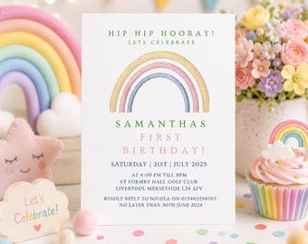 Pastel Rainbow First Birthday Invitation | Editable Canva Rainbow Birthday Party Invite | Girl 1st Birthday Template | Instant Download