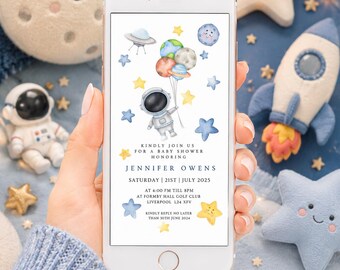 Space Baby Shower Evite Template | Editable Canva Phone Invitation | Astronaut Baby Shower Invite | Digital Download