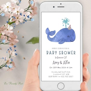 Whale Baby Shower Invitation for Phone, Editable Whale E-invitation, Ocean baby shower Invite, Evite Template, Instant Download