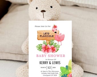 Flamingo Baby Shower Invitation – Tropical Girl Invite, Editable Instant Download