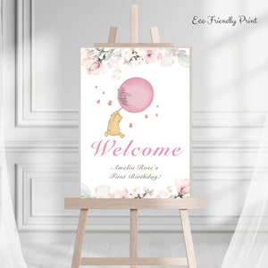 Editable Winnie The Pooh Welcome Sign Pooh Baby Shower Girl Pink Classic Winnie The Pooh Party Decor Canva Template Printable #FP