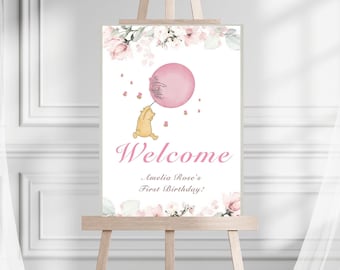 Editable Winnie The Pooh Welcome Sign: Pink Baby Shower Decor (Canva Template Printable)