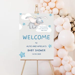 Placa de boas-vindas para chá de bebê Dumbo editável Festa Dumbo para menino Decoração Dumbo Azul Modelo de boas-vindas Dumbo PARA IMPRIMIR Canva BDB
