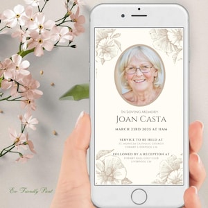 Funeral Evite Celebration of Life Elektronische uitnodiging Witte bloemen begrafenisaankondiging voor smartphones Bewerkbare canvassjabloon