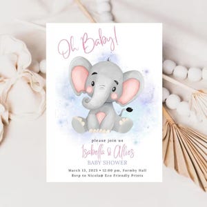 Elephant Baby Shower Invitation, Blush Pink Floral Baby Elephant Invite, Elephant Invitation, Girl Shower Invitation, Editable, PDB
