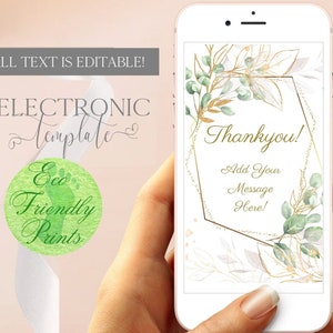 May include: A digital thank you card template with a gold geometric frame and watercolor greenery. The text reads "Thankyou! Add Your Message Here!"