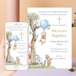 Classic Winnie the Pooh Baptism Invitation Boy Blue Balloon Invite Printable Editable Template Digital or Printed Invites, #PBB image 4