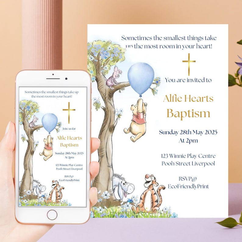 Classic Winnie the Pooh Baptism Invitation Boy Blue Balloon Invite Printable Editable Template Digital or Printed Invites, #PBB image 4