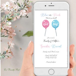 Editable Digital Gender Reveal Invitation, Electronic Gender Reveal Evite, Balloon Gender Reveal, Baby Shower Party Invitation