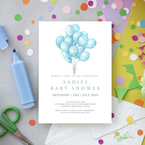 Boy 1st Birthday Party Invitation | Minimalist 1st Birthday Invite | Editable Pastel Blue Balloon Boy Invitation
