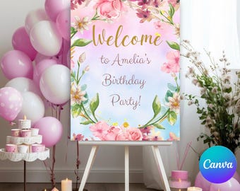 Bearbeitbares Rosa Blumengeburtstag Willkommensschild Mädchen Geburtstag Willkommen Poster Druckbare Vorlage Sofortiger Download PF1