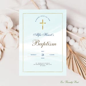 Blue Watercolor Baptism Invitation Template, Baptism Invitation Boy, Christening, First Holly, 100% Editable, Instant Download, Minimalist