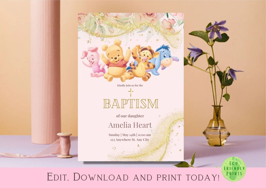 Classic Winnie the Pooh Baptism Invitation Girl Pink Floral Etsy