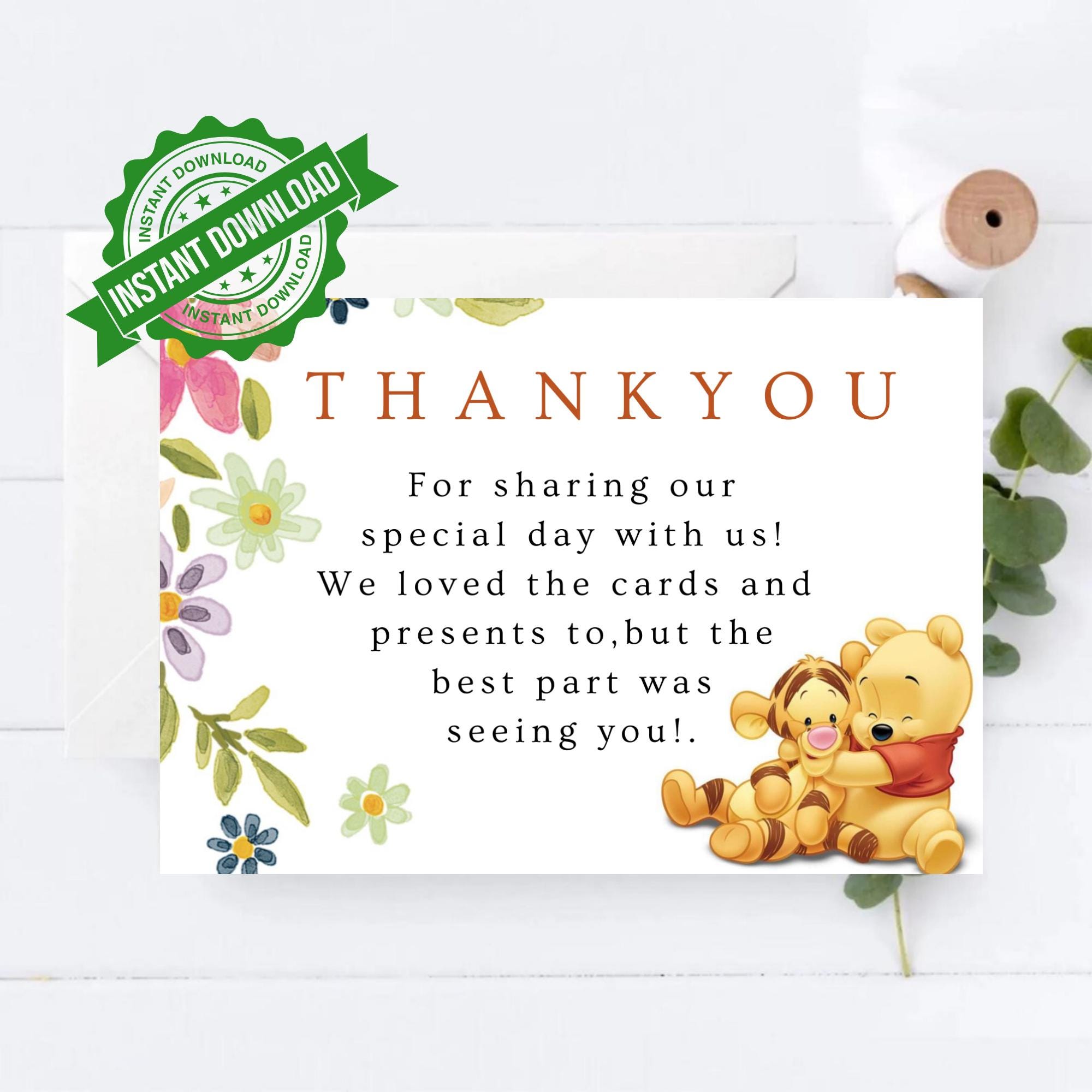 Winnie the Pooh Thank You Card, Gender Neutral Pooh Bear Printable