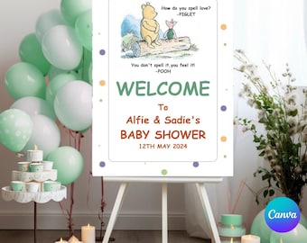 Cartel de bienvenida editable para baby shower de Winnie the Pooh: Plantilla imprimible de Pooh Bear PAP