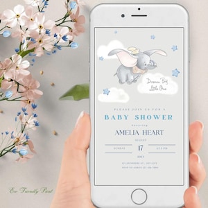 Invito Dumbo Baby Shower modificabile, invito Dumbo blu per bambini, modello digitale elettronico Canva BDB