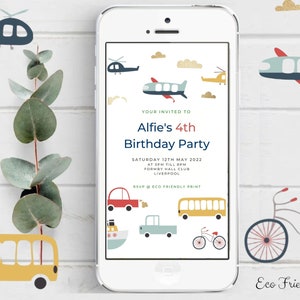 Editable Transportation Birthday Evite Boy Cars Planes and Trains Invitation Phone Digital Electronic Canva Template CT