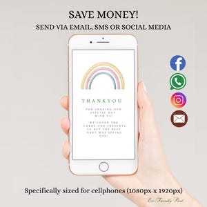 Modèle de carte électronique de remerciement pour baby shower arc-en-ciel en téléchargement numérique, texte Merci eCard, note de remerciement sans papier, toile