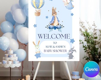 Editable Peter Rabbit Baby Shower Welcome Sign: Printable Canva Template
