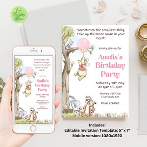 Editable Winnie The Pooh Birthday Evite Girl Pooh Bear Invitation Phone Digital Electronic Canva Template PPB