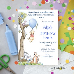 Winnie the Pooh First Birthday Invitation Blue Balloon Classic Winnie Pooh 1st Birthday Invitation Editable Printable Canva Template BWP