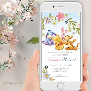 Editable Pooh Bear Gender Reveal Evite Boy or Girl Winnie The Pooh Invitation Phone Digital Electronic Canva Template PR
