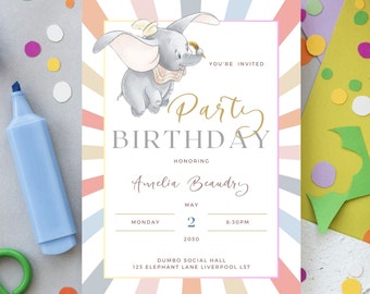 Dumbo Birthday Invitation, Dumbo First Birthday Invitation, Dumbo Party Invitation, Cute Elephant Invitation, 1st Birthday, Circus, ANY AGE