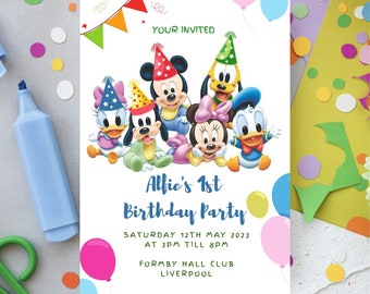 May include: A white invitation card featuring cartoon characters, including Mickey Mouse, Minnie Mouse, and Donald Duck. The card reads "Alfie's 1st Birthday Party" with event details. Colorful balloons and confetti decorate the card.