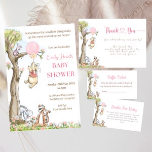 Invitación con globo rosa de Winnie The Pooh, rifa de pañales, solicitud de libro, tarjeta de agradecimiento, baby shower editable de Winnie The Pooh, #PPB